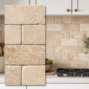 Dekoratyvinė akmens plokštė travertinas Light, apdorota būgniniu būdu, 7,5x15x1 cm